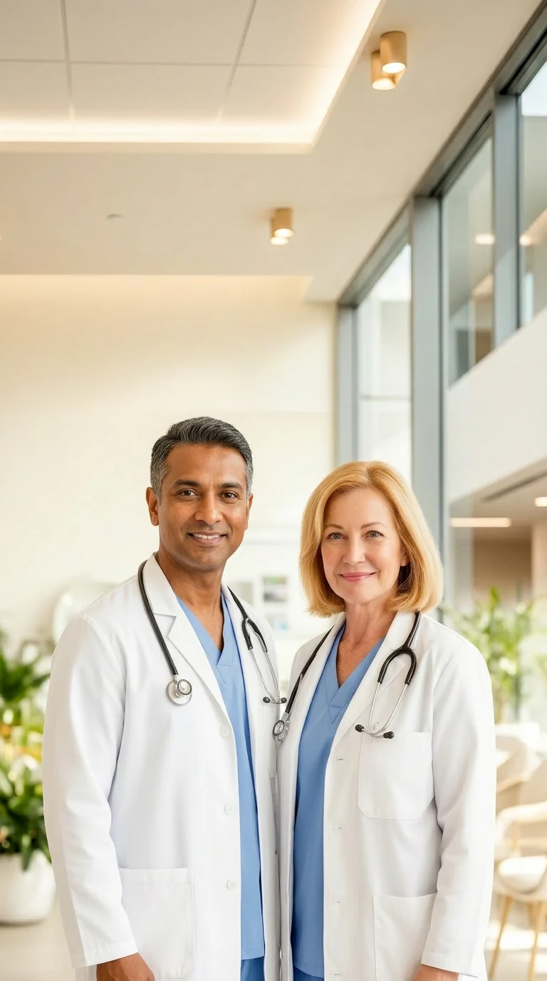 Two doctors in white lab coats with stethoscopes